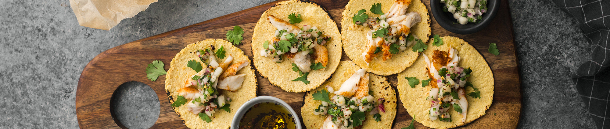 Mini Fish Tacos with Bartlett Pear Salsa & Chili Drizzle