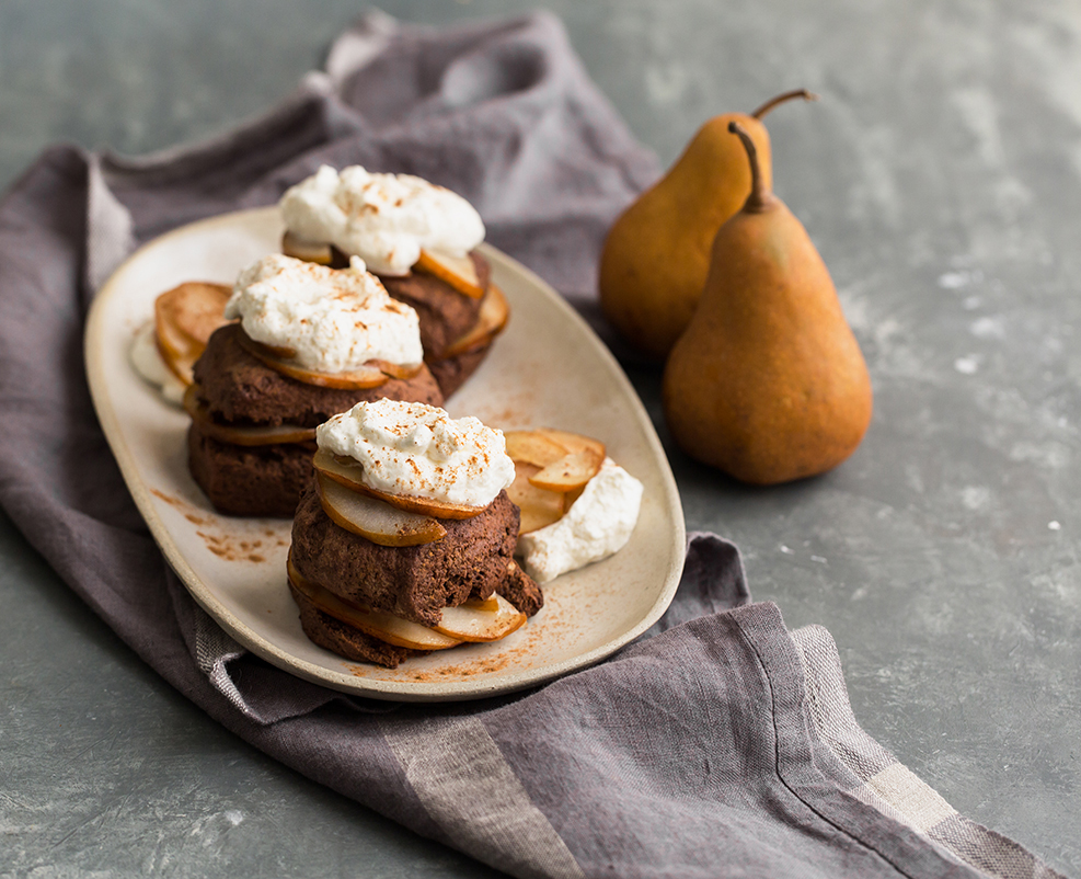 chocolate shortcake spiced Bosc pears vanilla whipped cream