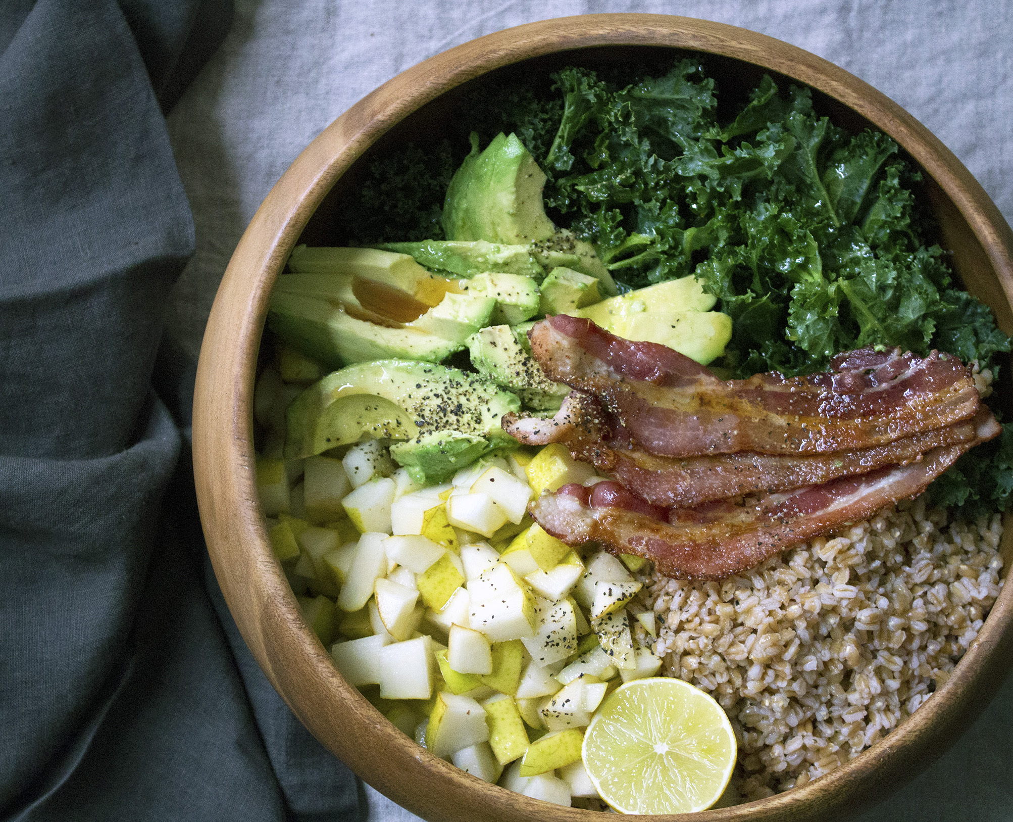 pear kale avocado bacon farro grain buddha bowl